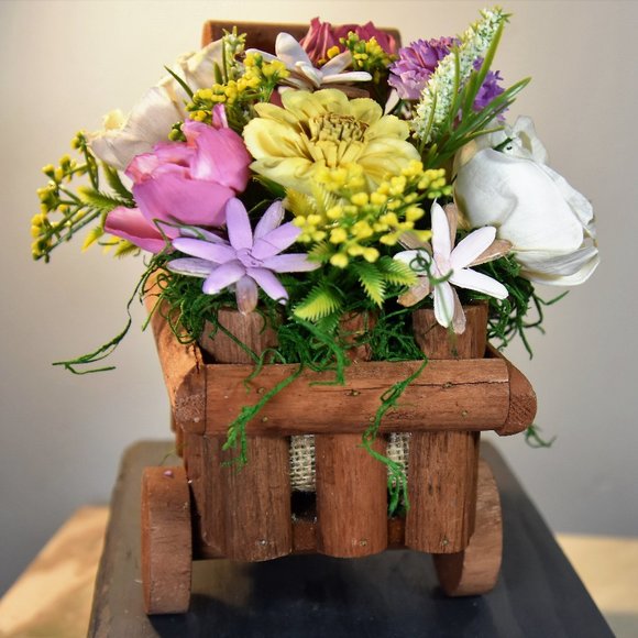 Cheerful garden arrangement of airbrushed Sola wood flowers in a garden cart - Picture 6 of 15